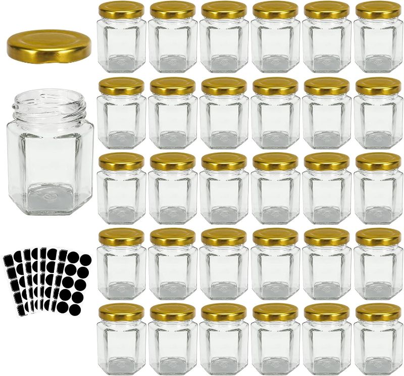 Photo 1 of 3 oz Hexagon Glass Jars with Gold Lids, 30 Pack Honey Jars Canning Jars Small Spice Jars for Jelly, Herb, Jams, Candy, Wedding Favors, Includes Labels and Pen