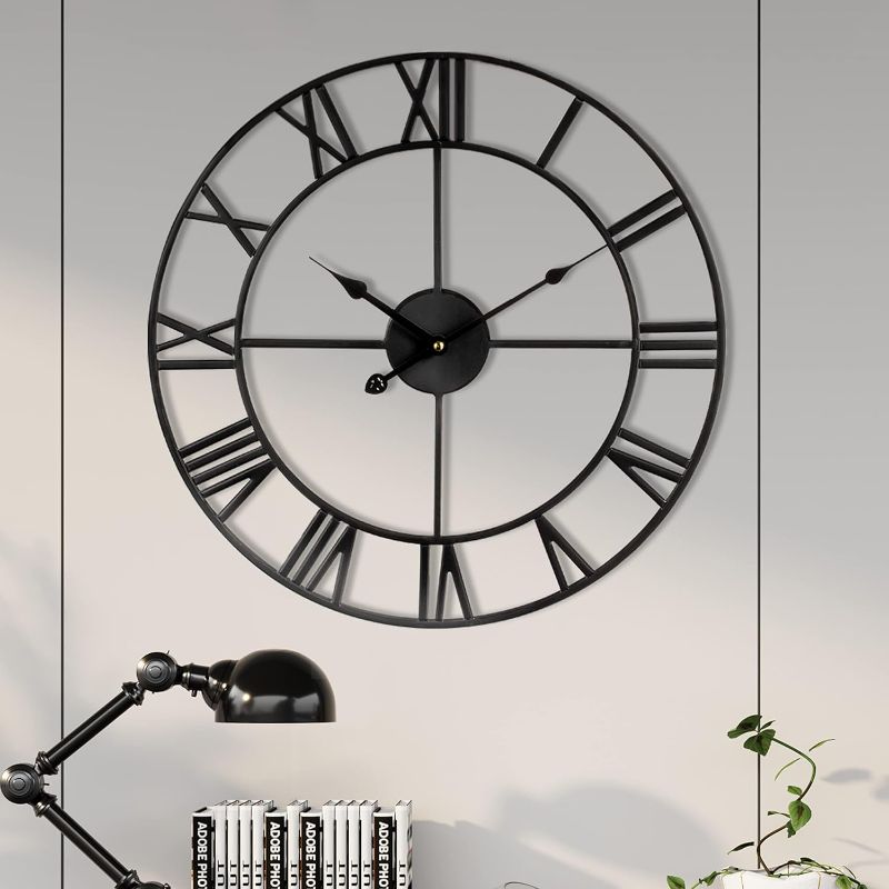 Photo 1 of 1st owned Large Wall Clock Silent Non-Ticking Roman Numerals Vintage Battery Operated (24 inch,18inch,16inch) Farmhouse Wall Clock for Living Room, Bedroom, Kitchen, Cafe Decor-Black 40CM