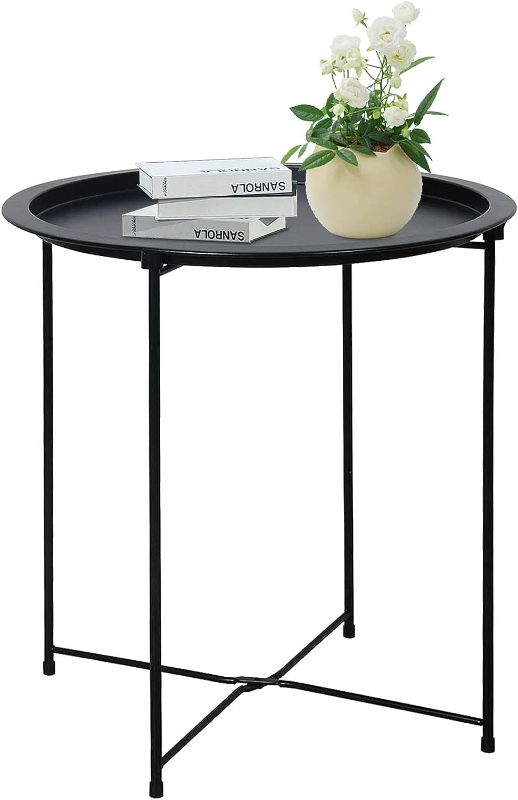 Photo 1 of Garden 4 you End Table Metal Side Table Black Round Folding Tray Cyan Sofa Small Accent Fold-able Table, Round End Table Tray, Next to Sofa Table, Snack Table for Living Room and Bed Room
