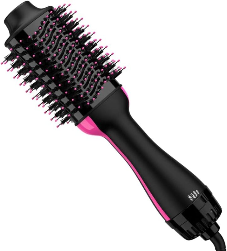 Photo 1 of Hair Dryer and Blow Dryer Brush in One, 4 in 1 Hair Dryer and Styler Volumizer with Negative Ion Anti-frizz Ceramic Titanium Barrel Hot Air Straightener Brush 75MM Oval Shape, Black/Pink