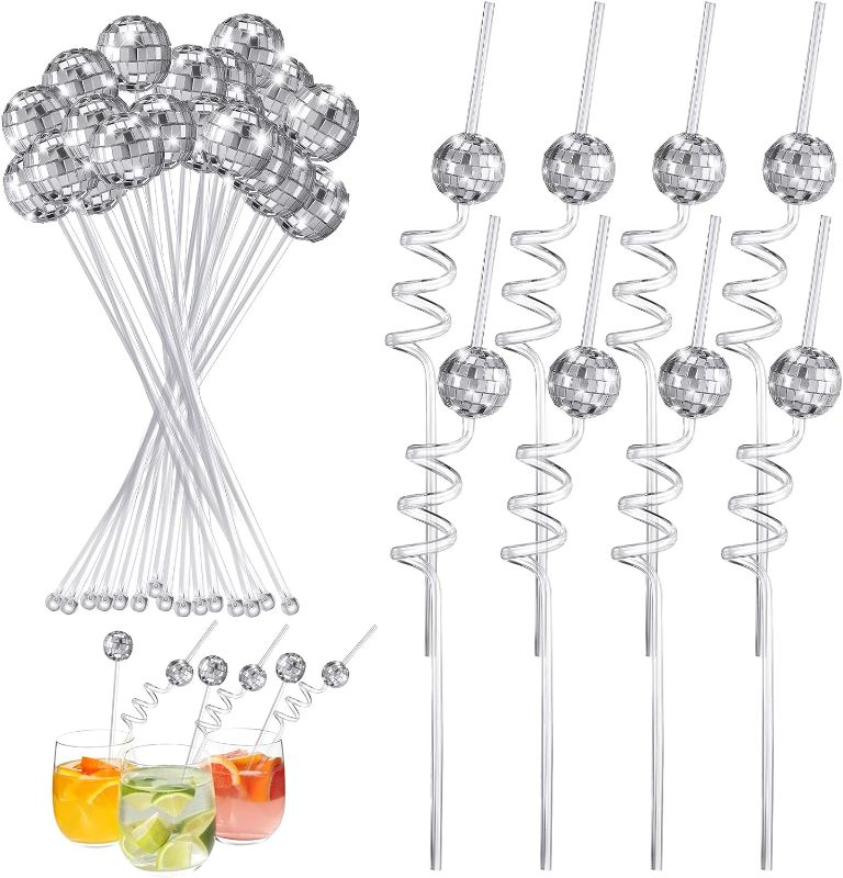 Photo 1 of 24 Pcs Disco Party Decorations Mirror Disco Ball Straws Disco Ball Stirrers Cocktail 70s Disco Decorative Straws Plastic Stir Sticks Mini Disco Straw Decor for Dance Holiday Wedding Birthday Supply