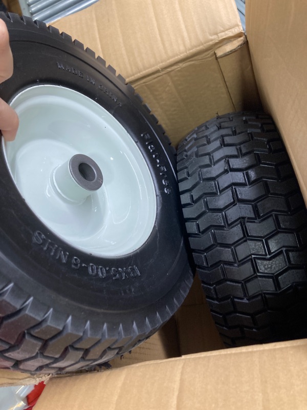 Photo 1 of 2-Pack 13x5.00-6 Flat-Free Tire with Rim,3"Centered Hub with 3/4" Bushings,w/Grease Fitting?400lbs Capacity,13x5-6 No-Flat Solid Rubber Turf Wheel,for Riding Lawn mower,Garden Cart,Wheelbarrow