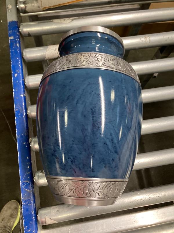 Photo 3 of GSM Brands Cremation Urn Holds Adult Human Ashes (Extra Large Capacity up to 300 lbs) - Handcrafted Funeral Memorial with Striking Blue Design (12 Inch Height x 7.75 Inch Width)