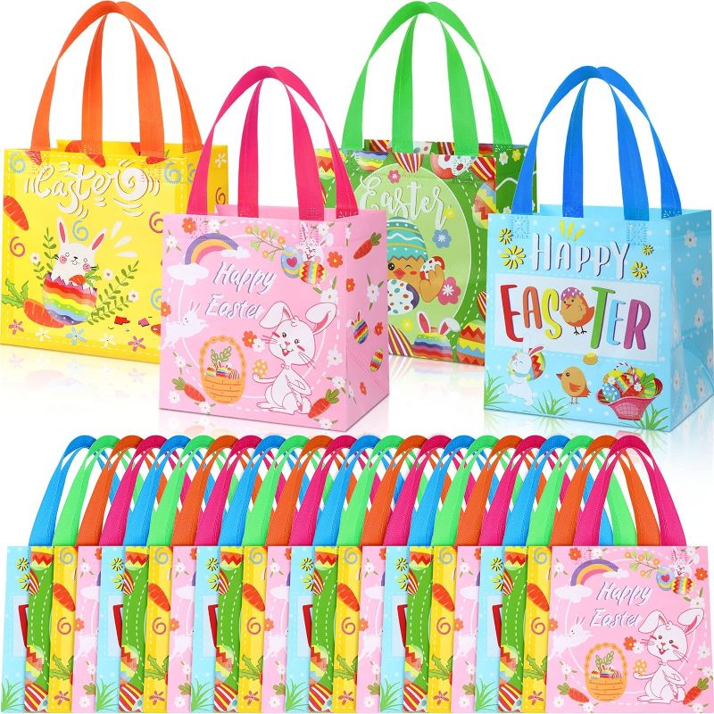 Photo 1 of 32 Pcs Easter Gift Bags Large 8 x 8 x 6 Inch Easter Non Woven Bags with Handles Rabbit Bunny Reusable Easter Tote Bags for Easter Egg Hunt, Party Favor Supplies