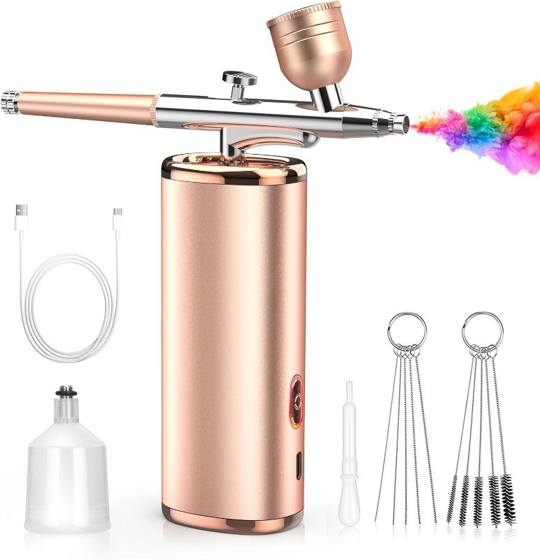 Photo 1 of Airbrush-Kit Air Brush Kit With Airbrush Compressor Nail Charms Wireless Air Brush for Barber, Nail Art, Cake Decor, Makeup, Model Painting (Pink)