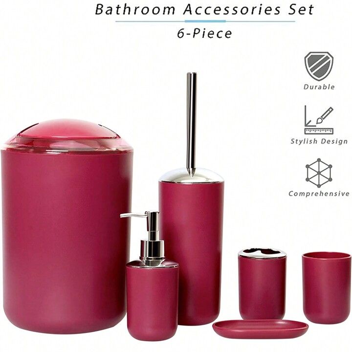 Photo 1 of Bathroom Accessories Set 6 Piece - Trash Can, Toothbrush Holder, Toothbrush Cup, Soap Dispenser, Soap Dish, Toilet Brush Holder - Modern Bathroom Decor Set (Red)