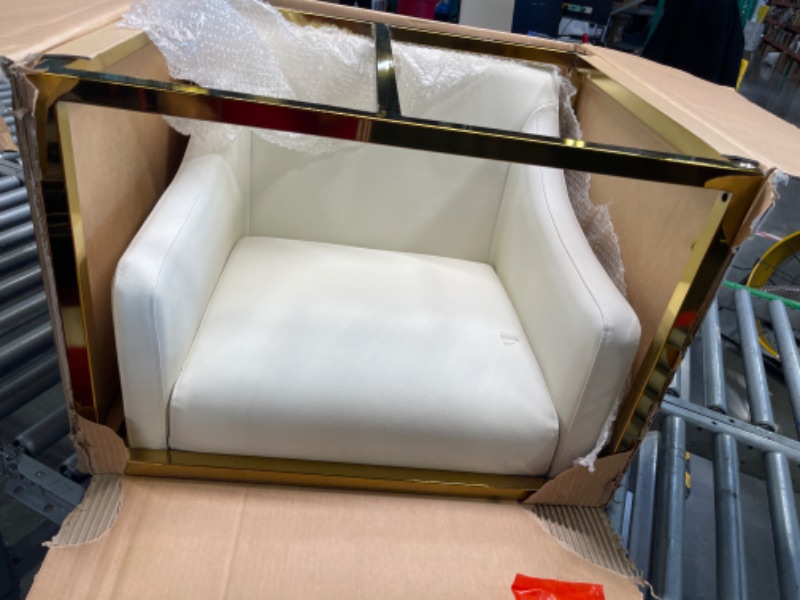 Photo 1 of Bluebell Bar Stool Chair PU Leather Upholstered Slope Arm Design Architectural Goldtone Solid Metal Base Modern Contemporary, Cream BAR STOOL Cream