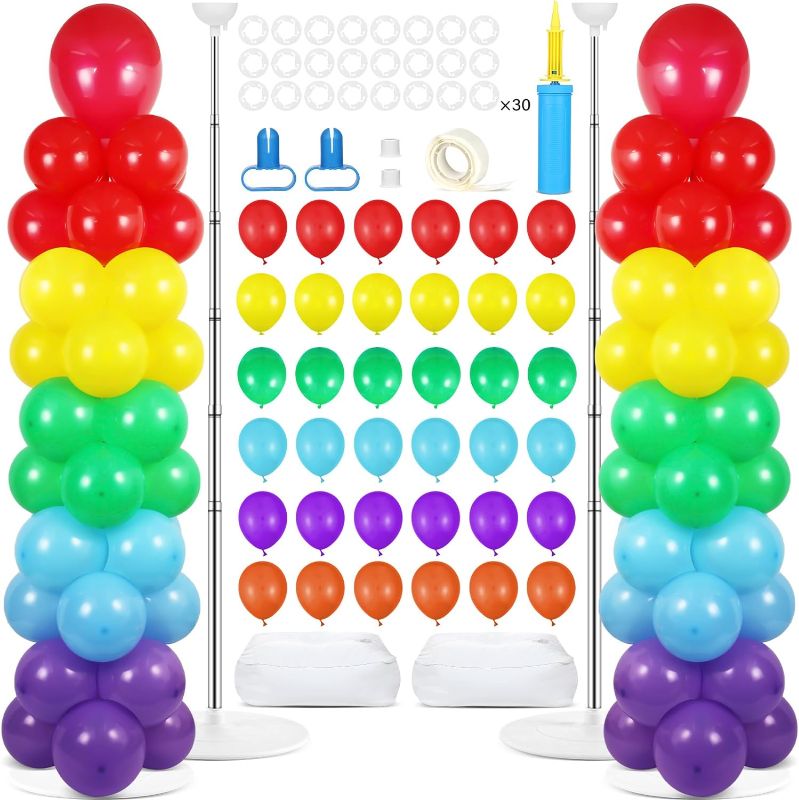 Photo 1 of 2 Sets Rainbow Balloon Column Stand Kit with 100 Balloons Adjustable Balloon Tower Stand with Bases for Floor Assorted Colors Balloon Column Kit for Baby Shower Rainbow Birthday Wedding Party Decor