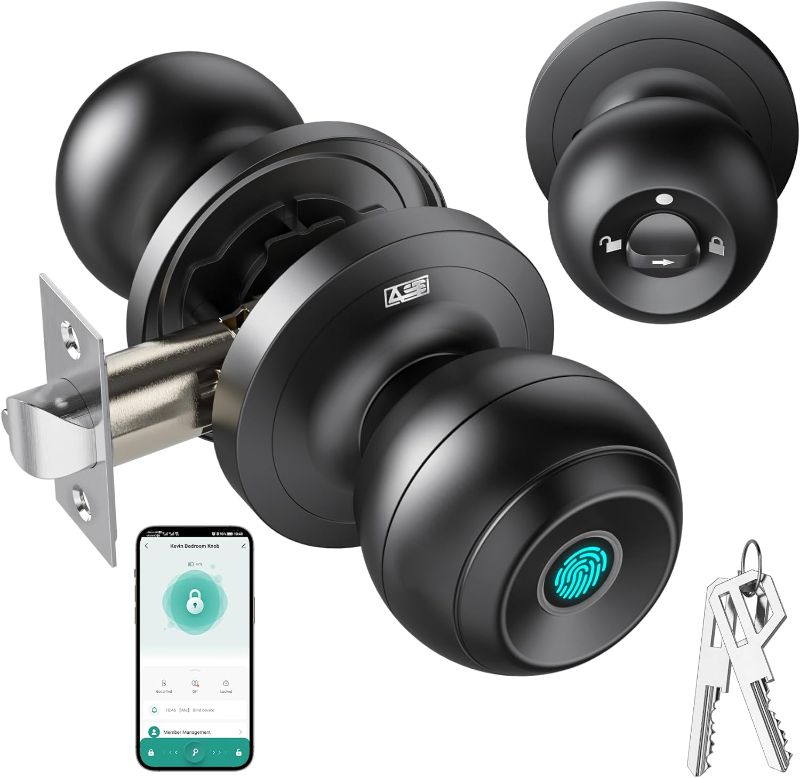 Photo 1 of **NOT A SMART LOCK** AST Fingerprint Door Knob with Autolock, Passage and Privacy Functional Modes, Rechargeable Keyless Smart Door Knob Lock, Digital Door Knob, Biometric Door Knob with APP (Matte Black) ****USED***KEY IS MISSING** 