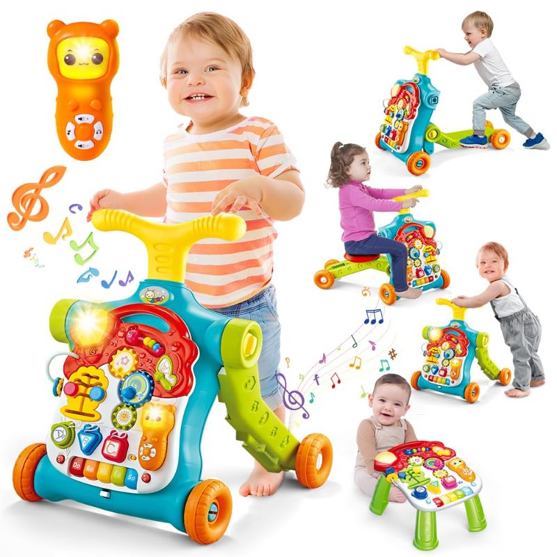 Photo 1 of 5 in 1 Baby Push Walkers and Activity Center, Sit-to-Stand Learning Walker, Assemble As Scooter/Motorbike/Activity Center/Detachable Panel, Walker Push Toy with Wheels for 6-18 Months Infant Boy Girl