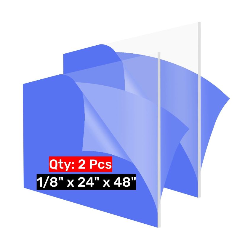 Photo 1 of 2 Pack 24x48 Plexiglass Sheets, 1/8 inch Thick Clear 24x48 Acrylic Plexiglass Sheets, 24x48 Acrylic Board Plexiglass Panel for Display Case, Signs, Crafts, Skylight, Light Project
