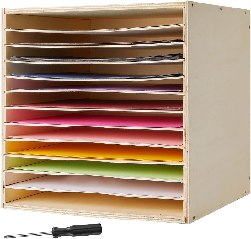 Photo 1 of 12x12 Inch Scrapbook Paper Storage Organizer Construction Paper Storage 12 Slot Desktop File Sorter Scrapbook Paper Holder Wood Document Letter Tray for Home Classroom Office School Supplies