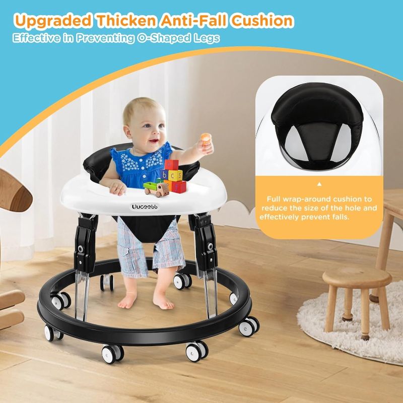 Photo 1 of Baby Walker with Wheels, One-Touch Folding Anti-Roll 8-Wheel Baby Walkers, 7-Speed Height Adjustment with Large Dinner Plate and Brake 6-18 Months Baby Walker, Black
