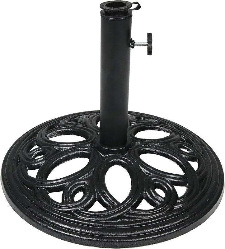 Photo 1 of ***MISSING STAND - BASE ONLY*** 

Sunnydaze Cast Iron Patio Umbrella Base Stand - Black - 18-Inch Diameter ***USED***BOX IS DAMAGED**** 
