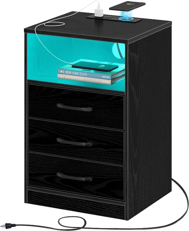 Photo 1 of Seventable Nightstand with Wireless Charging Station and LED Lights, Modern End Side Table with 3 Drawers and Open Compartment for Bedroom, Black