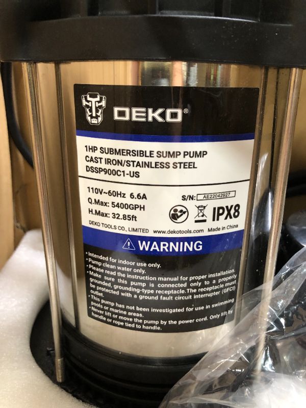 Photo 4 of DEKOPRO 1HP Sump Pump, 5400GPH Submersible Cast Iron and Stainless Steel Sump Pump with Integrated Vertical Float Switch