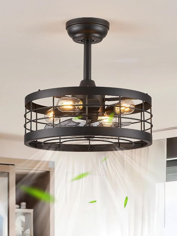 Photo 1 of ****USED*** LEDIARY 16.5 inch Black Caged Ceiling Fan with Light, Bladeless Industrial Ceiling Fan with Remote, Farmhouse Fan Lights Ceiling Fixtures for Kitchen, Bedroom?6 Speed, Timing?-Black
