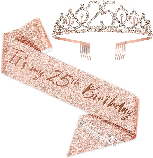 Photo 1 of BRT Bearingshui 25th Birthday Sash and Tiara for Women, Rose Gold Birthday Sash Crown 25 & Fabulous Sash and Tiara for Women, 25th Birthday Gifts for Happy 25th Birthday Party Favor Supplies