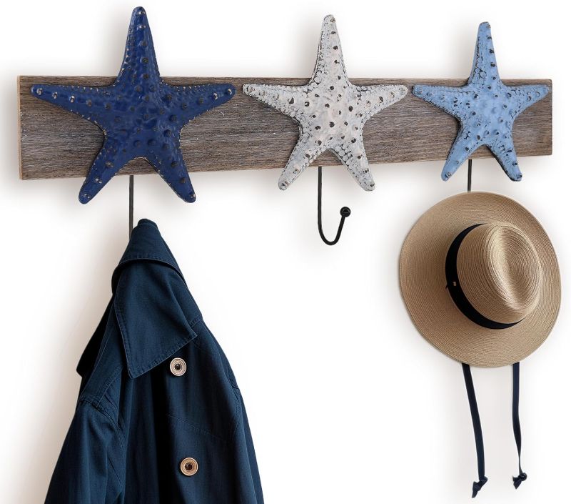 Photo 1 of **minor crack in wood next to white star**
22" Starfish Nautical Coat Hook Bathroom Towel Hanger Hanging Plaque for Garden Indoor Outdoor Coat Rack Kitchen Coastal Wall Decor