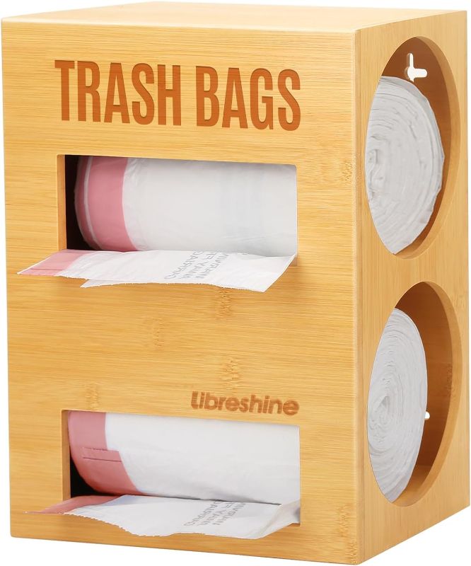 Photo 1 of 2 In 1 Extra Large Garbage Bag Dispenser Roll Holder, Fits Kirkland Large Roll of Trash Bag Storage Organizer, Wall Mount Bamboo Garbage Bag Holder for 2 Rolls (2-Slots(Large))