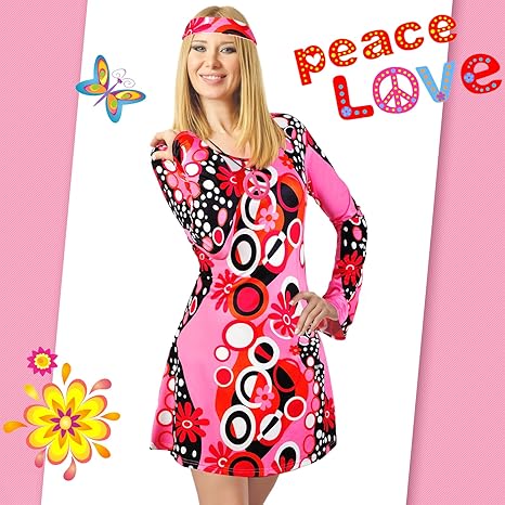 Photo 2 of Haysandy Women Hippie Costume Carnival Party Party Disco 70's Dance Costume Set Peace Sign Earring Necklace Headband Dress size XXL 