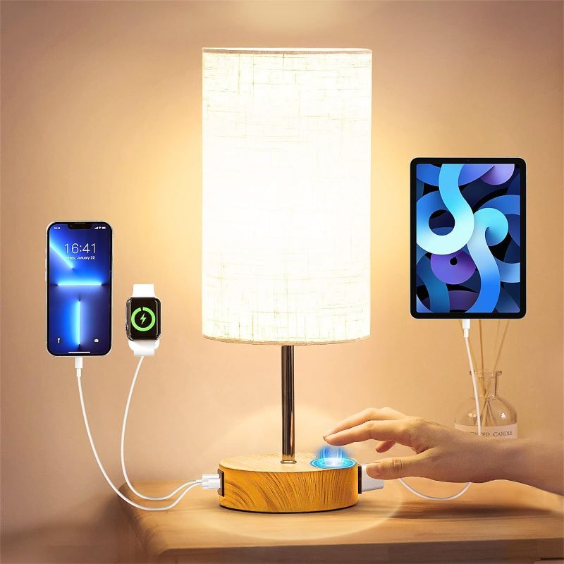 Photo 1 of ?Upgraded? Bedside Lamp Touch Control Table Lamp with USB A+C Charging Ports & AC Outlet 3-Way Dimmable Nightstand Lamp with Linen Fabric Shade for Bedroom Living Room(E26 Light Bulb Included)