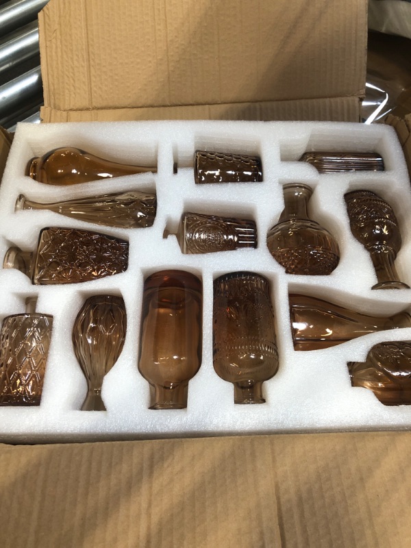 Photo 2 of 14 Pcs Amber Glass Bud Vase Set,Small Brown Vases,Mini Vintage Glass Flower Vases for Centerpieces,Wedding Decorations,Home Amber-14pcs