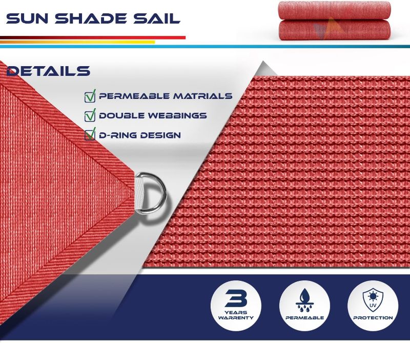 Photo 3 of 24' x 24' Sun Shade Sail Rectangle Outdoor Canopy Cover UV Block for Backyard Porch Pergola Deck Garden Patio (Red)