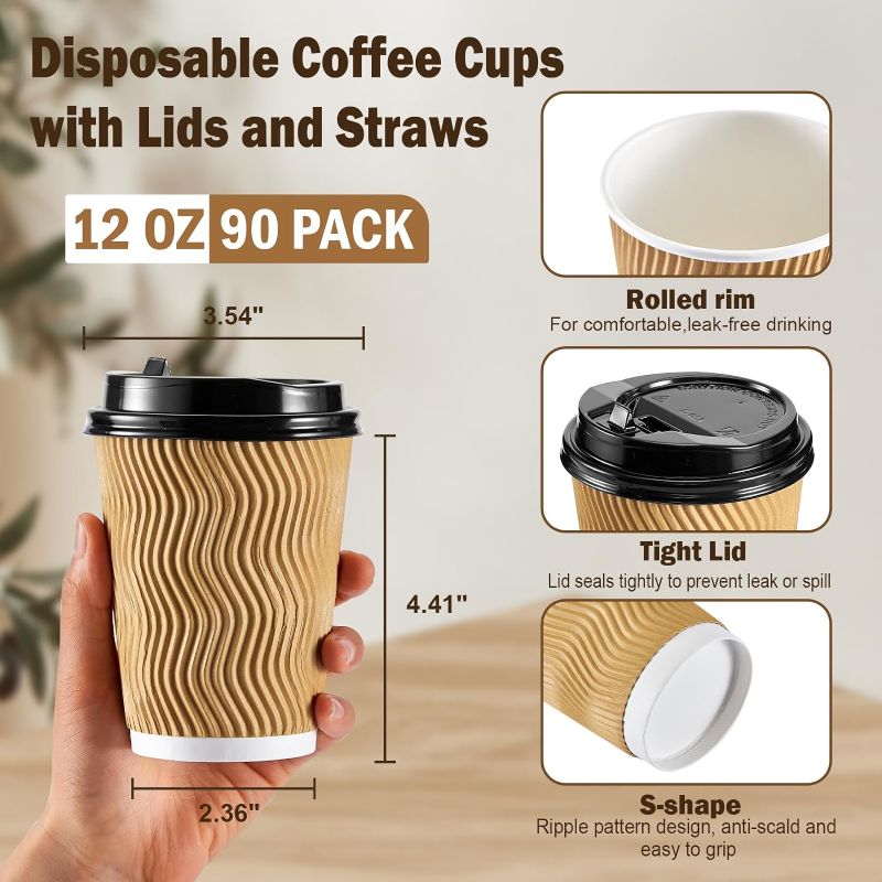 Photo 2 of 12 oz Coffee Cups-90 Pack Disposable Coffee Cups with Lids and Straws, Insulated Ripple Wall To Go Paper Coffee Cups for Coffee, Hot Chocolate and Hot Tea Drinks - Champagne