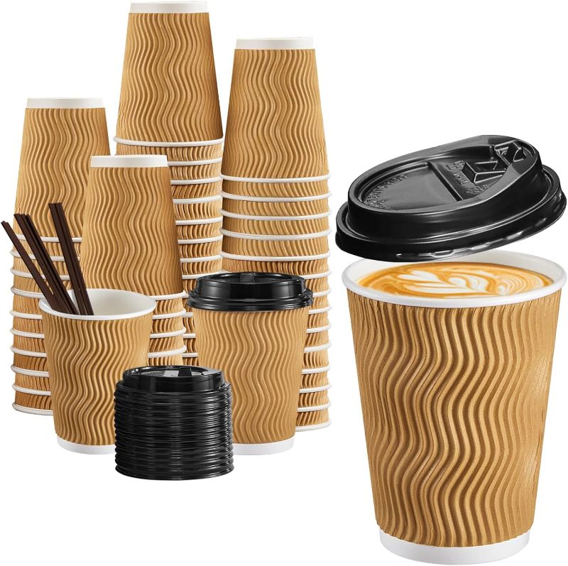 Photo 1 of 12 oz Coffee Cups-90 Pack Disposable Coffee Cups with Lids and Straws, Insulated Ripple Wall To Go Paper Coffee Cups for Coffee, Hot Chocolate and Hot Tea Drinks - Champagne