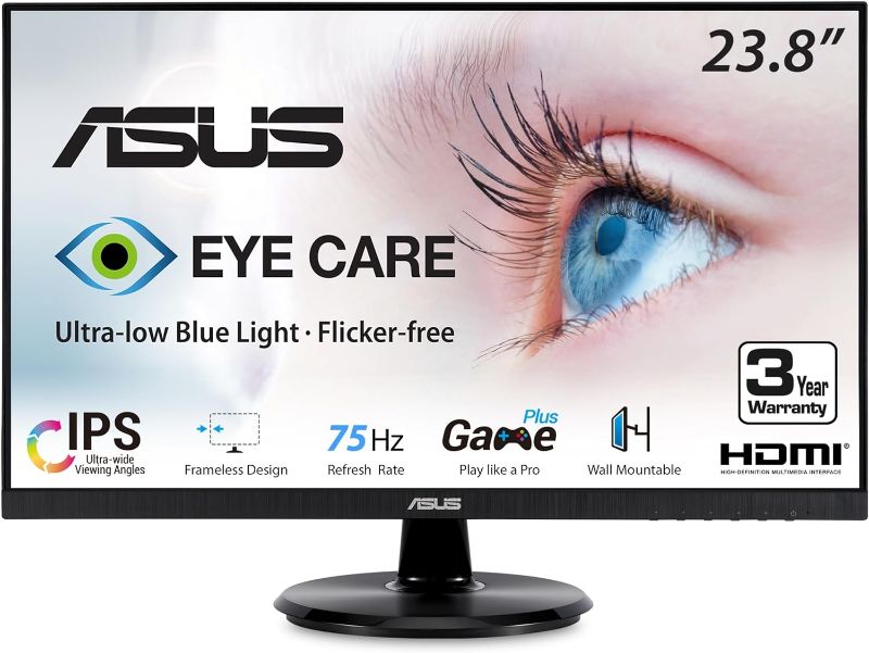 Photo 1 of ASUS VA24DQ 23.8” Monitor, 1080P Full HD, 75Hz, IPS, Adaptive-Sync/FreeSync, Eye Care, HDMI DisplayPort VGA, Frameless, VESA Wall Mountable ,BLACK