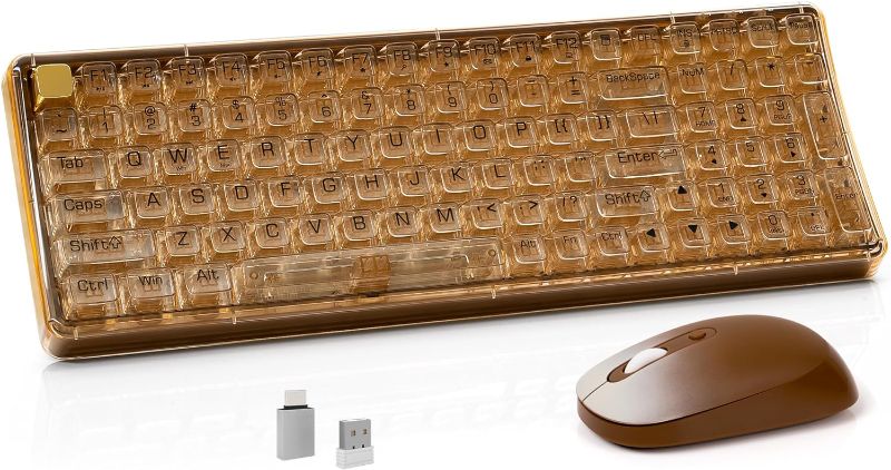 Photo 2 of Transparent Wireless Keyboard and Mouse Combo, NEOBELLA Tea Color 100Keys Clicky Computer Keyboard Mice Set with Power Switch for PC Laptop