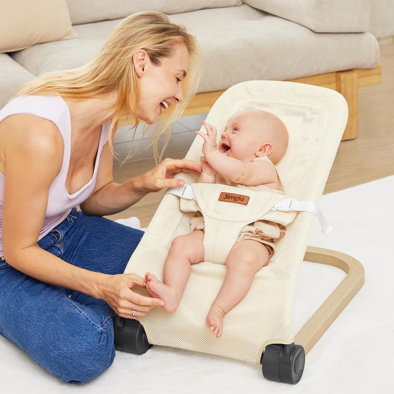 Photo 1 of Baby Bouncer, Portable Infant Bouncer Seat for Babies, Newborn Bouncy with Mesh, Foldable, Beige