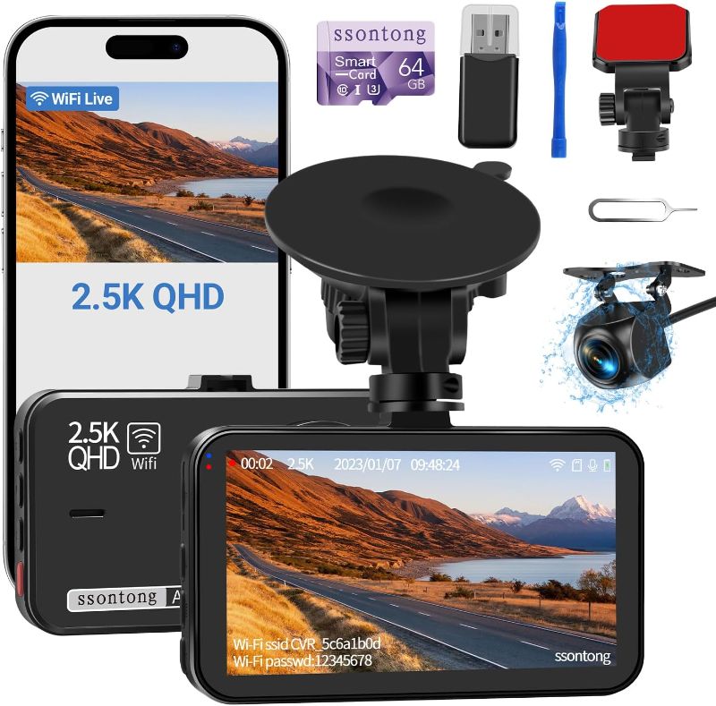 Photo 1 of Dash Cam Front and Rear, Dash Camera for Cars WiFi/APP Control Dual Dashcam W/ 64GB Card, 2.5K Dash Cam Front+1080P Rear Car Camera W/Super Night Vision, Loop Recording, G-Sensor, Max Support 256GB