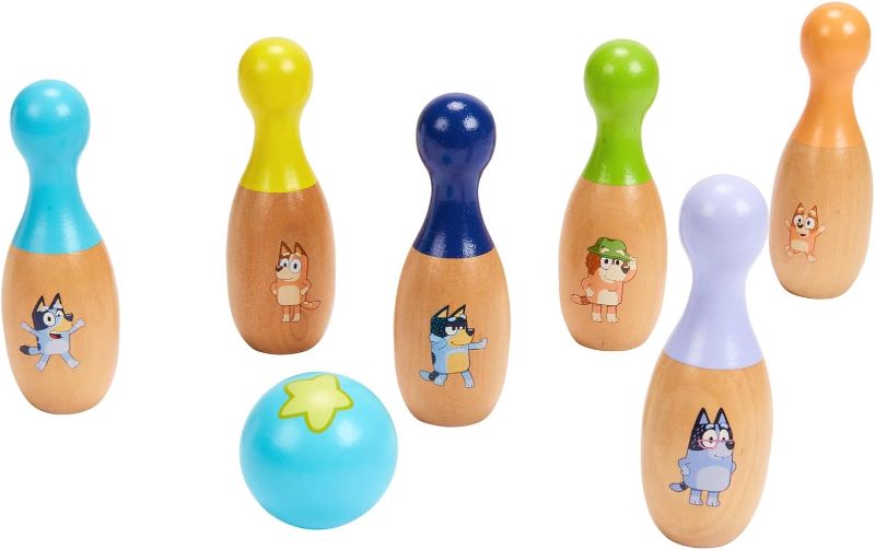 Photo 1 of BLUEY – Wooden Bowling “Skittles” Set, Indoor & Outdoor Bowling Play, 6 Pins and 1 Bowling Ball – FSC Certified for Children 3 Years and Up, Medium