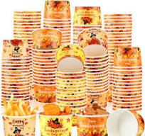 Photo 1 of 150 Pieces Thanksgiving Snack Cups 9 oz Disposable Pumpkin Turkey Paper Bowls Fall Ice Cream Cups Autumn Soup Yogurt Cups Food Tasting Cups for Thanksgiving Party Decorations Supplies