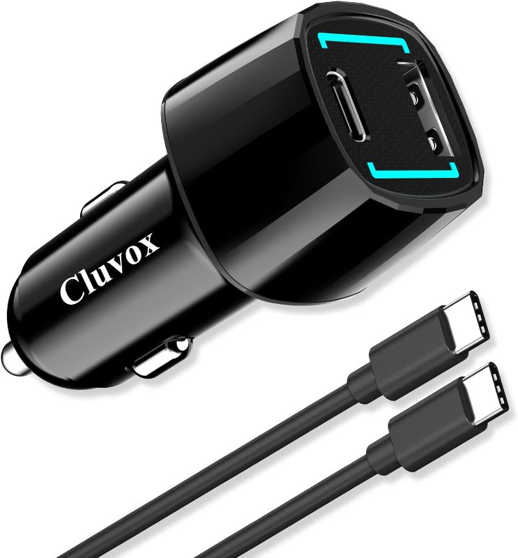 Photo 1 of Cluvox 63W USB C Car Charger, 45W Super Fast Charging Compatible for Samsung Galaxy S24 Plus/Ultra/S23/S22/W24/Z Flip5/Z Fold5, iPhone 15 Pro Max, Pixel 8 Car Adapter&3ft Type C Cord with E-Mark Chip