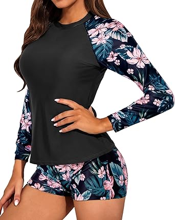 Photo 1 of Daci Women Two Piece Rash Guard Long Sleeve Swimsuits UV UPF 50+ Swim Shirt Bathing Suit with Boyshort Bottom
