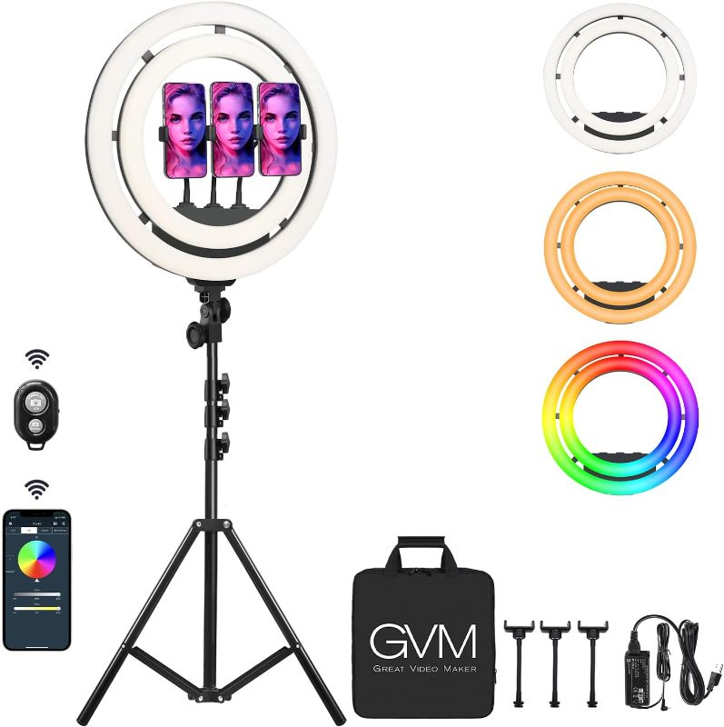 Photo 1 of GVM 18" Selfie Ring Light with 65" Adjustable Tripod Stand & Phone Holder, Remote App Program Control, 50W Double-Layer LED RGB Camera Light Ring for Photography/YouTube/Live Broadcast/Makeup