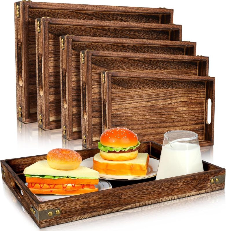 Photo 1 of 5 Pieces Wooden Serving Tray with Handle Decorative Trays Wooden Bed Tray Rectangular Wooden Tray with Handles Food Trays for Serving Food for Breakfast in Bed Lunch Dinner Desktop Parties