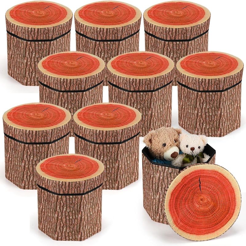 Photo 1 of 10 Pcs Tree Stump Storage Stool Organizer Storage Stool 12 x 12 Inch Tree Stump Stool Collapsible Ottoman Cute Folding Storage Toy Box Collapsible Storage Seat Chest with Lid for Clothing Toy Bedroom