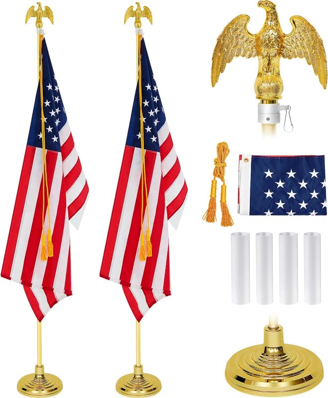 Photo 1 of 2 Set Indoor Telescoping Flag Pole with Base and Eagle Topper Veterans Day Portable Flag Pole Kit Heavy Duty Aluminum Gold Telescoping Us Flag and Cord Tassel for Office School (6 Feet,Metal)