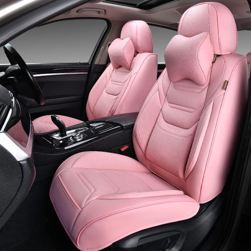 Photo 1 of Front Seat Covers, Universal Seat Covers for Cars 2 Pieces, Waterproof Leather Auto Seat Protectors with Head Pillow, Car Seat Cushions Fit for Most Sedans SUV Pick-up Truck, Pink  Front Pair