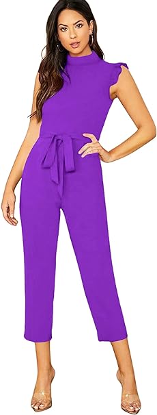 Photo 1 of (SMALL) WDIRARA Women's Sleeveless Mock Neck Ruffle Trim Belted Cropped Jumpsuit Romper
