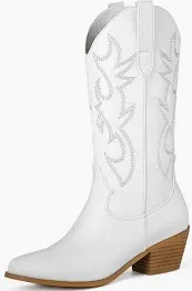 Photo 1 of ANJOUFEMME Western Women's Cowboy Cowgirl Boots,Embroidered Round-toe Boots 6.5 Xbx04w-179-fn-white