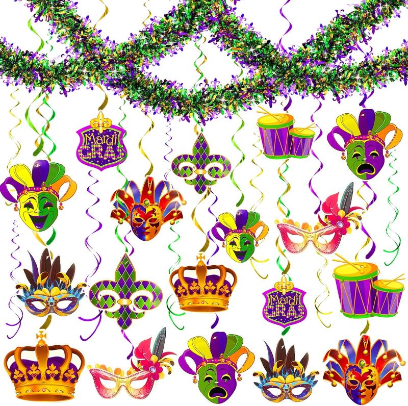 Photo 1 of [Super Value] 31 PCS Assorted Mardi Gras-Themed Set Include 15.5 Ft Mardi Gras Tinsel Garlands & 30 Double-Sided Hanging Swirls for Carnival New Orleans Masquerade Party Decoration Home Party Supplies