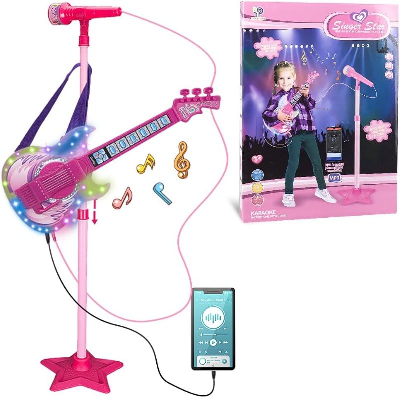 Photo 1 of Guitar and Microphone Set for Kids,Guitar Toys with Music&Colorful Light,Adjustable Height Microphone with Stand,Karaoke Toys Gift for Boy,Girls,Toddlers(Red)-Upgraded,Easter Basket Stuffers