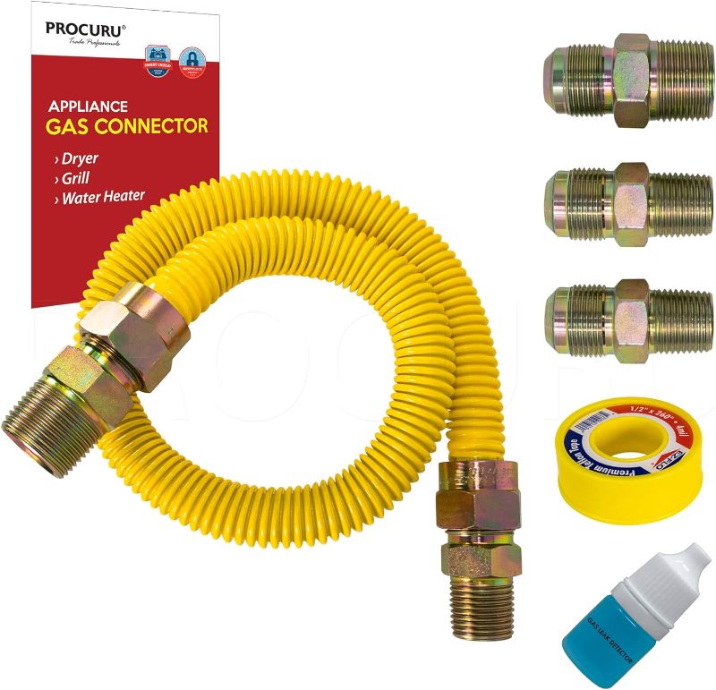 Photo 1 of 1/2" OD x 24" (2Ft) Universal Gas Flex Connector Kit, SafeGuard Yellow Coated Stainless Steel Gas Supply Pipe for Dryers, Bbq Grills, Water Heaters