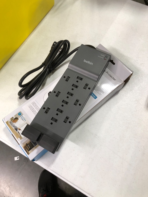 Photo 3 of Belkin 12-Outlet Surge Protector Power Strip w/ 12 AC Outlets & 8ft Flat Plug, UL-listed Heavy-Duty Extension Cord for Home, Office, Travel, Computer, Laptop, Charger - 3,940 Joules of Protection