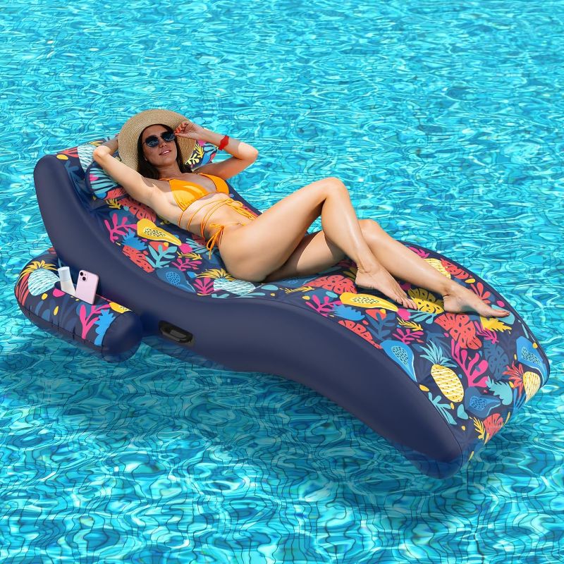 Photo 1 of 2-in-1 Pool Floats, Inflatable Pool Floats Adult Lounge Chair with Cup Holder Tanning Pool Float, Heavy Duty Water Float Raft for Pool Floating with Pillow, Pool Beach Party